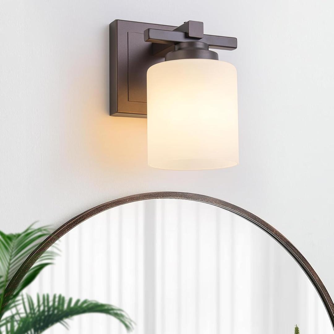 1 Light Modern Bathroom Light Fixtures Over Mirror, Bronze Finish Vanity Lights for Bathroom Wall Sconces with Milky White Glass Shades, E26 Socket (Bulbs Not Included) (Oil-Rubbed Bronze)