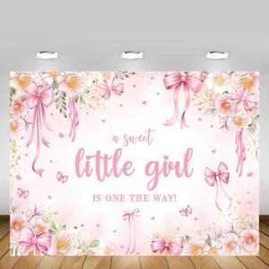 MEHOFOND 7x5ft Pink Bow Girls Baby Shower Decorations Backdrop A Sweet Little Girl is on The Way Photography Background Pink Floral It's A Girl Party Banner Cake Smash Photo Booth Props