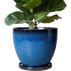 Ceramic Pots for Plants - 10 Inch Planter for Indoor Ourdoor Plants Modern Large Flower Pot with Drainage Hole and Saucer Room Home Office Garden Patio Porch Decor Blue