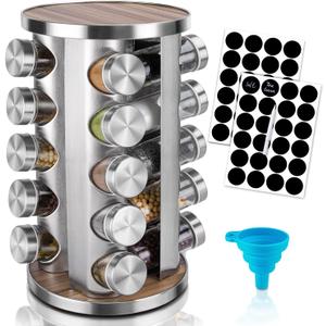 Rotating Spice Rack Organizer with Jars(20Pcs), Seasoning Organizer for Cabinet, Kitchen Spice Racks for Countertop, Revolving Stainless Steel Spice Organizer