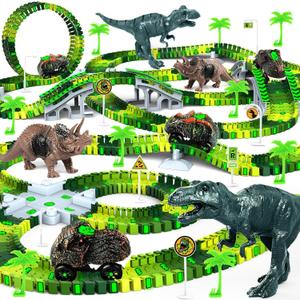 Dinosaur Toys for Kids 3-5, Glow in The Dark Flexible Train Track Playset, 2 Dinosaur Car for 3 4 5 6 7 Year & Up Old Boys & Girls Best Gift