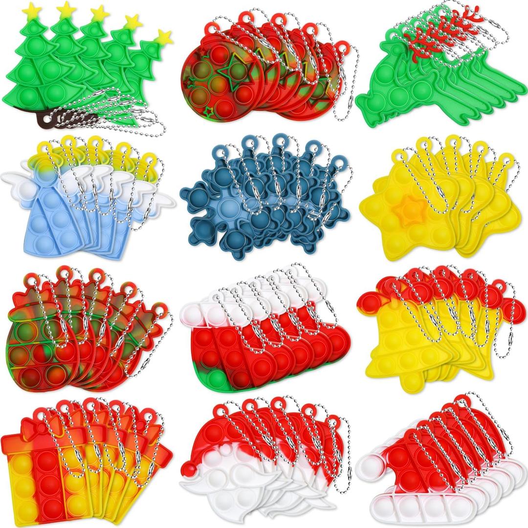 60Pcs Christmas Mini Pop Keychain Fidget Toys Mini Pop Keychain Rainbow Silicone Simple Fidget Toys Fidget Relieve Anxiety Stress Hand Office Desk Toys for Kids Adults