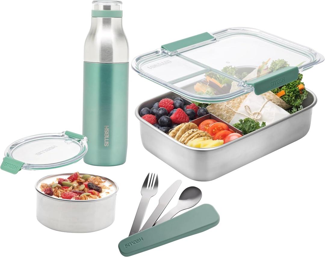 Eco-friendly Bento 8-Piece Lunch Kit - Sage color - Box with 3 compartments, Snack Box, 16.9 fl oz Bottle, 3 piece Cutlery
