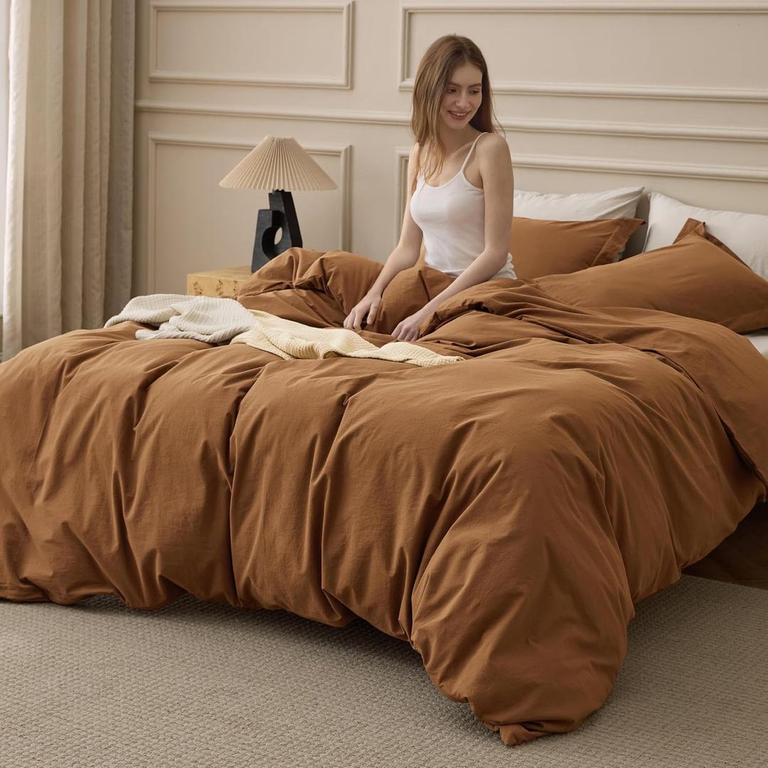 Bedsure 100% Washed Cotton Duvet Cover King Size - Hazelnut Brown Minimalist Bedding Set Linen Like - PureWoven Plain Simple & Soft Comforter Cover for All Seasons (Hazelnut Brown, King, 104"x90")