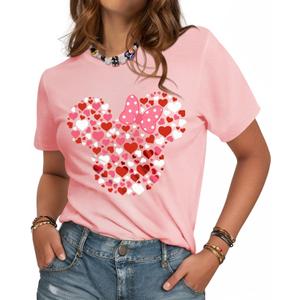 Holiday T-Shirt for Women - Valentines Funny Graphic Tee Crewneck Sleeve Top Print Tops (Pink, L)