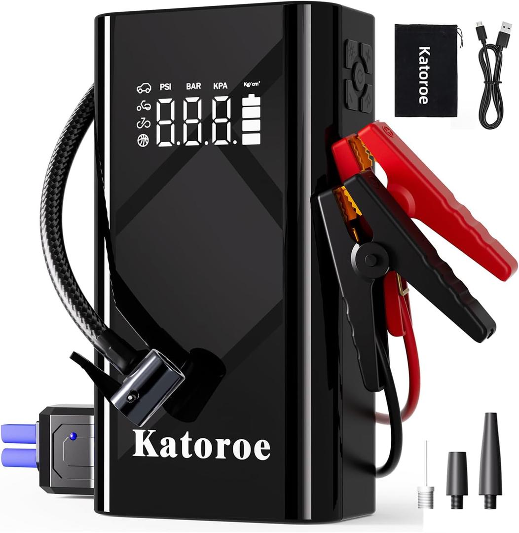 Jump Starter with Air Compressor, 5000A Car Battery Jump Starter (9.0L Gas/7.0L Diesel), 150PSI 12V Car Battery Jumper Starter Portable with Jumper Cables, Tire Inflator, LED Light