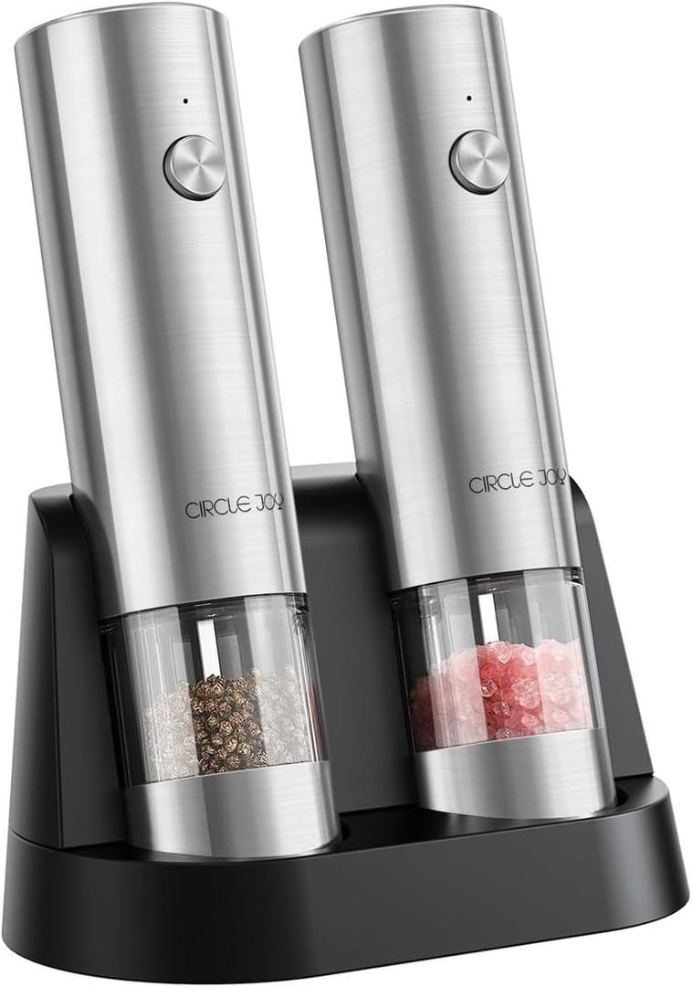 CIRCLE JOY Electric Salt and Pepper Grinder Set Stainless Steel Spice Grinder Automatic Pepper Mills with Easy-to-Carry Dual Charging Station, White Led Light, and Adjustable Coarseness, Silver (Model C Rechargeable + Charging Base)