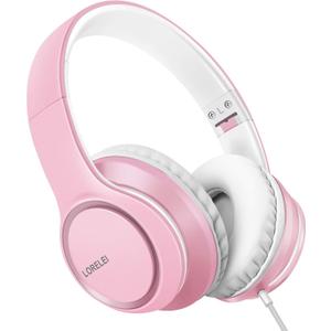 LORELEI X8 Over-Ear Wired Headphones with Microphone with 1.45m-Tangle-Free Nylon Line&3.5mm Plug,Lightweight Foldable & Portable Headphones for Smartphone,Tablet,Computer,Mp3/4Pearl Pink