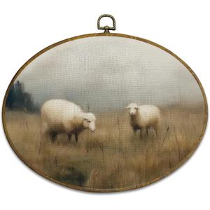 Vintage Farmhouse Sheep Wall Art Decor, Rustic Rustic Meadow Sheep Landscape Framed Canvas Prints 8.6x11.4, Country Oval Wall Hanging Artwork Decorations for Home Bedroom Living Room, 11.4x8.6