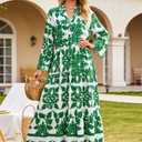 evepes Summer Maxi Dresses for Women Boho Ruffle 3/4 Sleeve V Neck Flowy Long Dress Tiered Casual Beach Dress with Pockets Green (Green, S)
