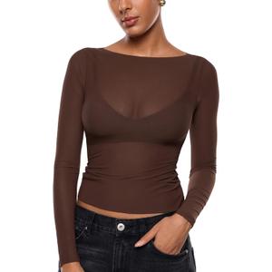 INLYRIC Women's Cosnufy Mesh Sheer Long Sleeve Tops See Through Boat Neck Going Out Tops Trendy Sexy Shirts (Hazelnut) S