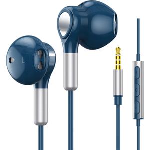 Headphones Wired, In-Ear Wired Earphones Earbuds, Half in Ear Headphones 3.5mm Jack, Wired Headphones with Microphone and Volume Control for iPhone, Samsung, Android, iPad,MP3,Most 3.5mm Audio Devices (Blue)
