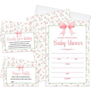 Girl Baby Shower Invitations for Girl, Set of 25 Baby Shower Invites Pink Bow Floral Gender Reveal Invites Cards with Envelopes, Book Request Cards, Diaper Raffle Tickets for Party Supplies /05