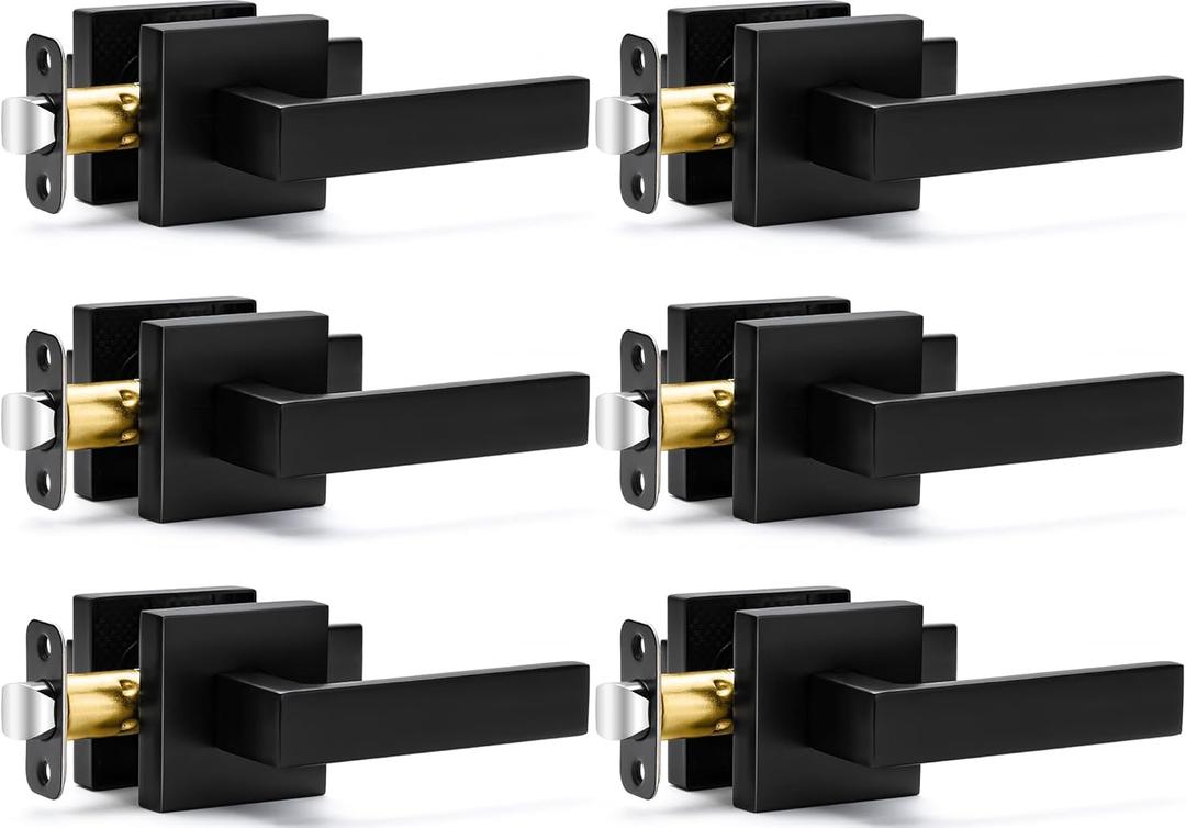 6 Pack Passage Door Handles Matte Black Door Knobs, Interior Door Knobs Square Heavy Duty Non-Locking Handlesets Hall Closet Handles, Reversible for Right & Left Sided Doors