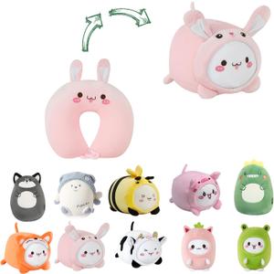Kids Travel Pillow - 2-in-1 Deformable Kids Neck Pillow for Traveling, Soft U-Shaped Pillow with Adorable Animal Design, Comfy Sleep and Play, Ideal for Airplanes and Traveling (QQ Pink Rabbit)