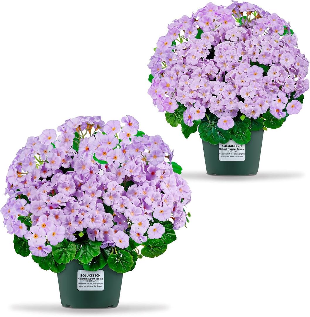 Artificial Handmade Geraniums with Flowers Scent 2 Pots Pink White Purple Lavender Lifelike Faux Geraniums Bushes Fake Flowers for Wedding Party Home Office Indoor Outdoor Plants Decor