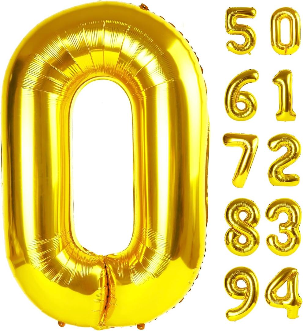 Gold Number Balloon 40 Inch, 0 Number Balloons, 10 20 30 40 50 Numbers Balloon Birthday Decorations, Gold Party Supplies for Women Men