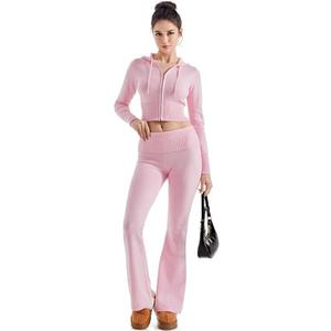 SUUKSESS Women 2 Piece Knit Sets Cropped Zip Up Hoodie Foldover Flare Leg Pants, M
