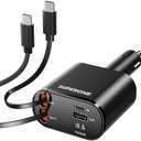 SUPERONE Retractable Car Charger for iPhone with Dual Type C Cables, 4 in 1 USB C Car Charger Adapter with PD 60W Fast Charging Compatible with iPhone 17 16 15 14 13 12 11 Pro/XS/XR/SE/iPad/Airpods