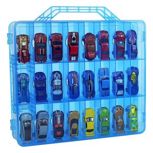 Bins & Things Toy Car Storage Organizer - 48 Compartment Double-Sided - 13.5"x11.7"x3.2" Portable and Display Case for Kids - Carry Handle - Transparent Blue Box