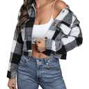 Oulivey Women's Flannel Cropped Plaid Shacket Jacket Button Down Long Sleeve Shirts Tops(0068-BlackWhite-S)