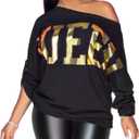 PESION Womens Off The Shoulder Tops Sexy Shiny Metallic Shirts Long Sleeves Fashion Graphic T-Shirts Blouses (Black, XL)