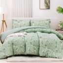 Mooreeke Floral Queen Size Comforter Sets, Vintage Sage Green Botanical Flower, Lightweight Bedding for All Seasons, 3-Piece Bed in a Bag with Fluffy Quilted Reversible Comforter & 2 Pillow Shams