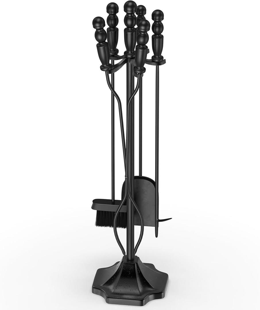 GameXcel 5PC Fireplace Tools Set - Fireplace Accessories Tool Set with Stand - 32" Wrought Iron Heavy Duty - Indoor Outdoor Fire Pit Wood Stove Hearth - Poker Tongs Shovel Brush - Black