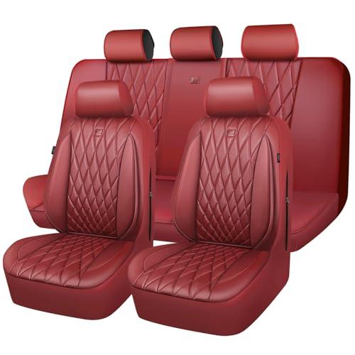 CAR PASS Piping Luxury Faux Leather Seat Covers Full Set, Premium Delux Anti-Slip Waterproof Automotive Seat Cover Universal Fit for Sedans Suvs Vans Trucks, Armrest & Airbag Compatible, Burgundy Red(Only Rear Seats)