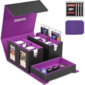 Kabinka Card Deck Box for MTG Commander, Holds 400+ Double-Sleeved Cards, 5 IN 1 Detachable Card Case with Dice Tray, Fits Magic/TCG Cards, 4 Magnetic Card Holders & Dividers (Black Purple)