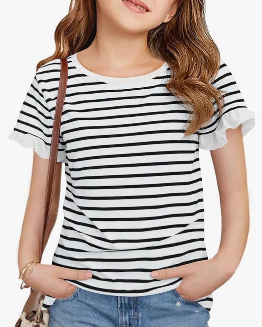Haloumoning Girls Striped Ruffle Short Sleeve T Shirts Kids Summer Crewneck Tops Casual Tees 150