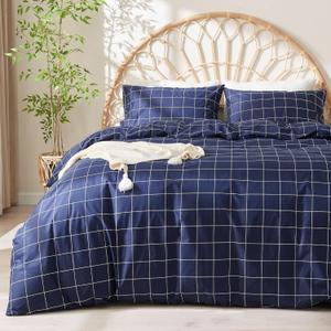 JELLYMONI 100% Natural Cotton 3pcs Plaid Duvet Cover Sets, Checkered Queen Comforter Cover, 1 Duvet Cover and 2 Pillow Shams with Zipper Closure & Corner Ties (Queen(90"90"), 0809)