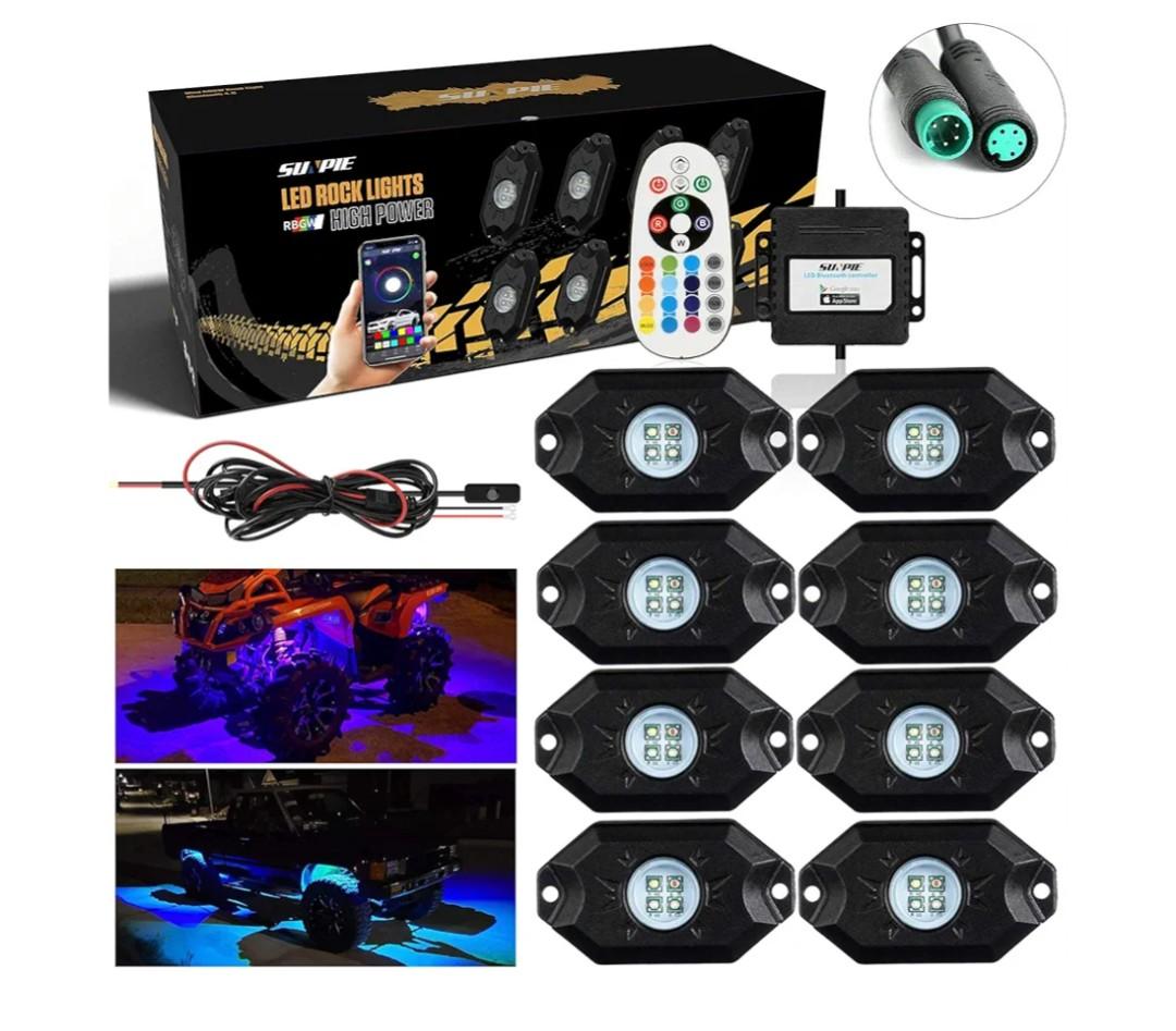 SUNPIE 8 Pods RGBW Rock Lights Aluminium Metal Underglow Light Kit App Control RF Voice Mode Music Mode Multicolor Wheel Well Lights for Off Road Trucks SUV ATV UTV Trailer Boats