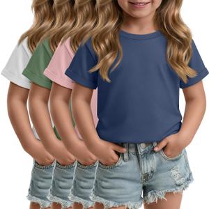 4 Pack Toddler Girls Short Sleeve Tops | Rolled Cuffs, Crew Neck, Baby Clothes, Summer T-Shirts, Casual, Cute Basic Tops