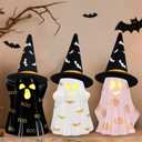 Halloween Decorations Indoor, Set of 3 Ceramic Halloween Ghosts with Witch Hats, Cute Spooky Lighted Decor Ghost Figurines Witch Hat Scary Pumpkin Bats Boo for Home Mantel Shelf Table Decor