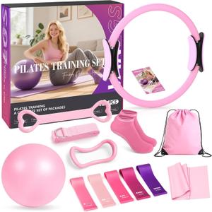 Pilates Kit 13Pcs Home Pilates Essentials Workout Kit with 13" Ring, 10" Ball and Resistance Bands for Women at Home Pilates Equipment Set for Beginners (Medium, pink)