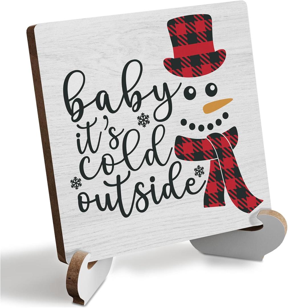 Christmas Decor Rustic Xmas Wooden Desk Decor Funny Seasonal Winter Holiday Christmas Decorations for Home Farmhouse Office Table Shelf Table Tiered Tray Merry Christmas Sign Plaque with Wood Stand 4