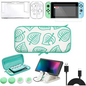 Switch Accessories Bundle for Animal Leaf Crossing, Switch Carrying Case with Playstand & Screen Protector & 4 Thumb Grip Caps & Protective Cover & Charging Cable