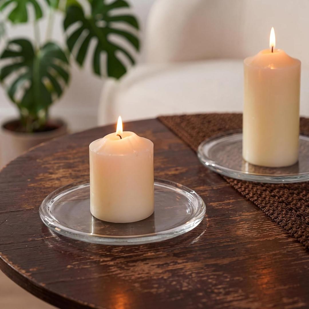 NUPTIO Glass Candle Plate for Home Set of 2 Large Pillar Candle Tray - 7 inch Diameter Round Candle Dish for Home Wedding Party Easter Table Centerpiece (Clear)