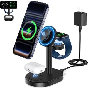 2025 3 in 1 Wireless Charging Station for Apple MagSafe Charger, 15W Fast Magnetic Mag-Safe Charger Stand for iPhone 17 16 15 14 13 12 Apple Watch AirPods Series, Gifts for Men (Black)