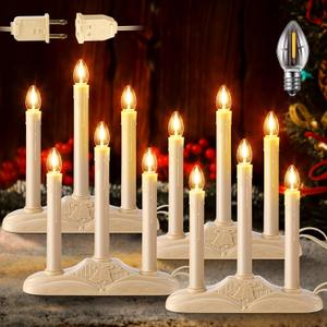 Meonum 4 Sets 3 Light Electric Window Candles Plug in Christmas Candle Light with C7 Bulbs, Ivory Christmas Candelabra with Switch, Charge Connector, Spare Bulb for Holiday Party Window Decor (LED)
