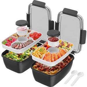 Cherrysea 2Pack Salad Lunch Container, 68oz Salad Bowls with 4 Compartments Tray,Leak Proof Lunch Box with Fork for Men,Women BPA-Free Snack Container with Sauce Container for Dressings - Black