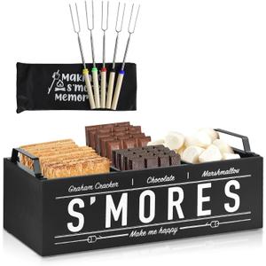 S'Mores Station, Farmhouse Smores Caddy with Handles, Smores Kit for Fire Pit Smores Maker Box, Smores Bar Station with 5Pcs Extendable Marshmallow Roasting Sticks, Camping Essentials Gear Accessories