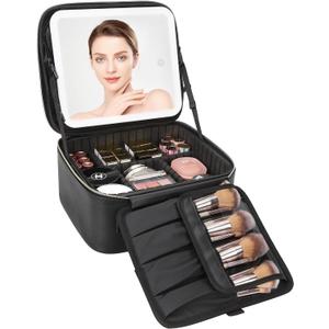 Relavel Travel Makeup Bag With LED Mirror, Cosmetic Train Case with Light up Mirror, Portable Makeup Artist Organizer Bag with Adjustable Dividers, Makeup Brush Holder Storage, Black