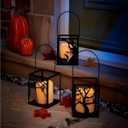 3-Pack Halloween LED Lantern Set - Flickering Electric Candles in Black Metal Frame with Handle - Witch, Spiderweb, and Tree Designs for Spooky Indoor Outdoor Decor