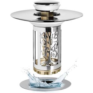 Bathroom Sink Drain Stopper, Bathroom Sink Drain Strainer with Pop Up and Removable Hair Catcher Basket, Universal for 1.06 to 1.6in Sink Drain, Chrome Silver