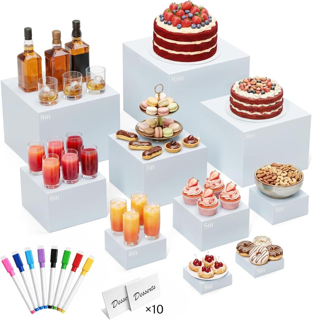 10 Pcs White Acrylic Buffet Risers with Mini Sign and Marker, Food Risers Display Stands for Buffet Table Party Catering Dessert Jewelry Collectibles,Acrylic Cube Nesting Boxes with Hollow Bottoms 8 Sizes (10" 9" 8" 7" 6" 5" 4" 4" 3" 3")