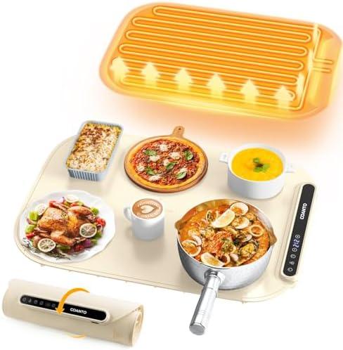 Coanto Food Warming Mat, Electric Warming Tray for Buffets & Parties, Silicone Heating Mat with 7 Temperature Settings, Roll-Up Storage, 17.91"x12.8", Beige