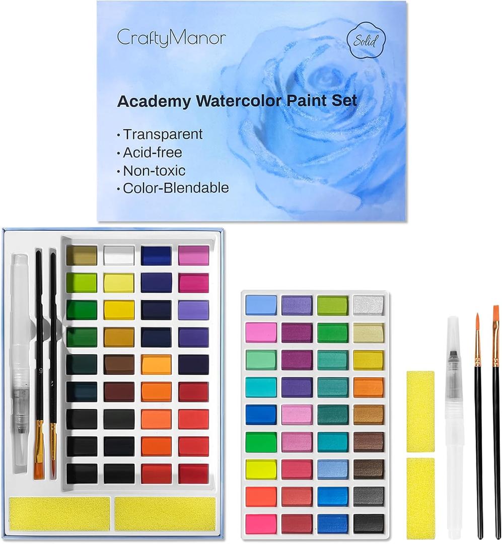 2 x 72 Colors Large Block Watercolor Paint Set for Watercolors Workbook, Portable Water Colors Paint Kit with 2 Paintbrushes 1 Waterbrush for Painting Beginners & Professional Amateur (72 Colors), 72 Count