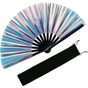 Large Laser Rave Fan Folding Hand Fans for Line Dancing Portable Handheld Clack Fan for Festival EDM Party Music Outfit Accessories (13" Blue 01)